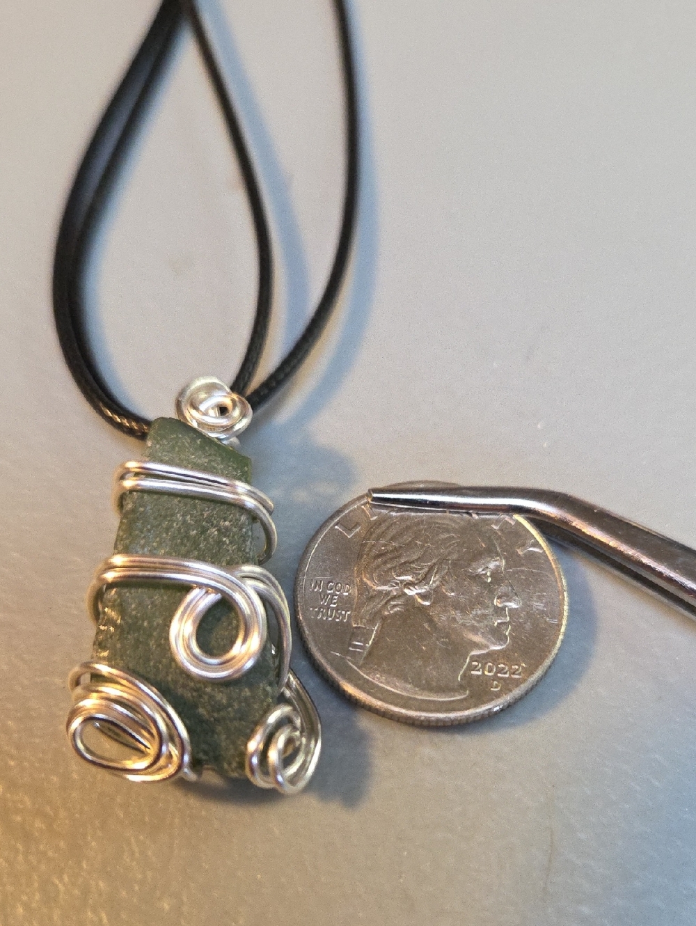 Green Sea Glass Pendant /W Silver Wire Wrap